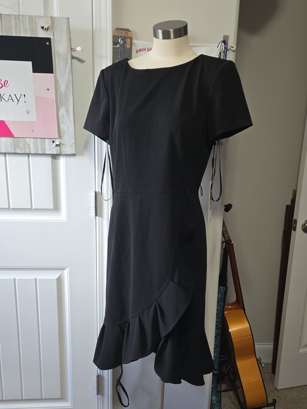 Calvin Klein Black Short Sleeve Ruffle Hem Dress NWT